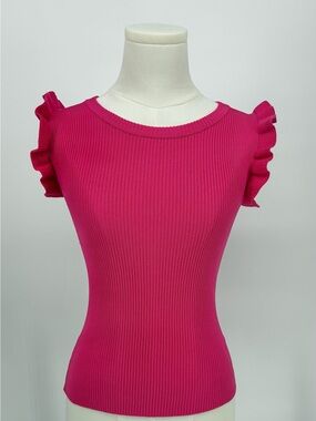 THE WORKSHOP Hot Pink Ribbed Knit Top Ruffle Cap Sleeve Fuchsia Blouse S